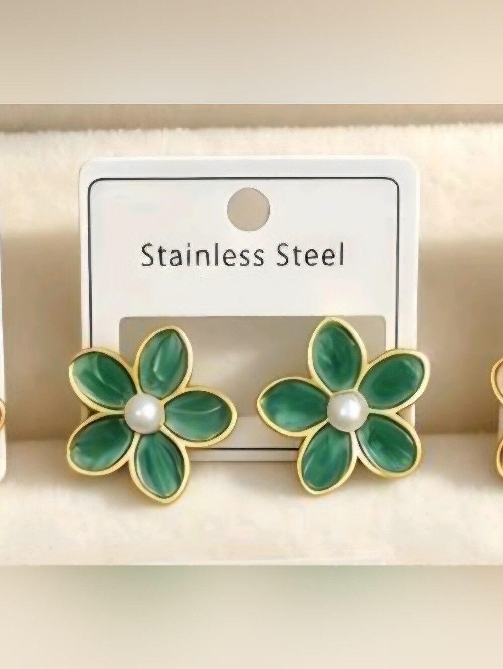 Green Flower Stainless Steel Stud Earrings with Pearl Center